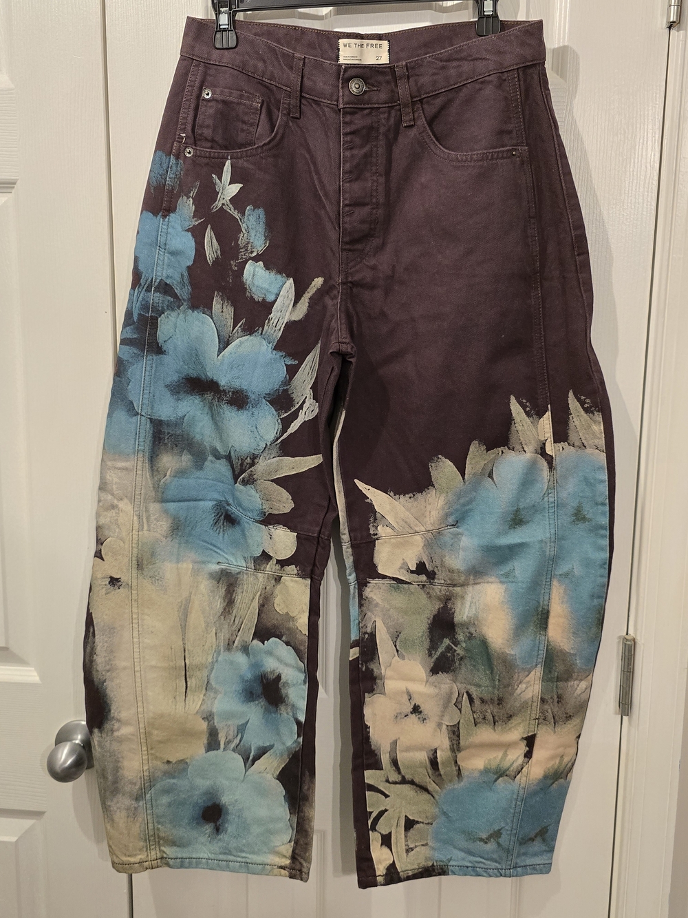 NWOT We The Free Wide-Leg Floral Painted Barrel Jeans - 27 - Picture 2 of 6